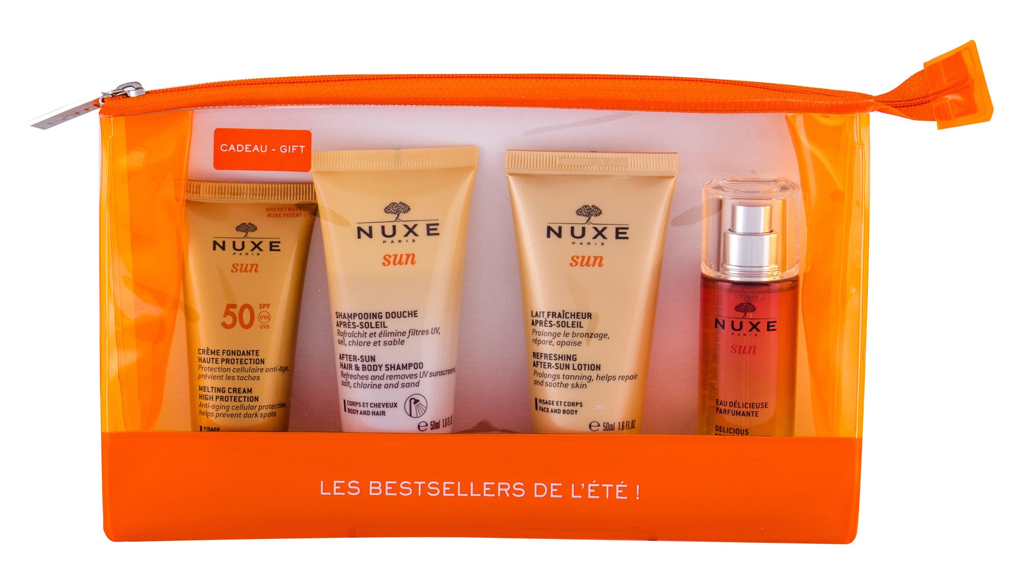 Nuxe Sun Melting Cream 30ml Sun Body Lotion 30 ml + Shampoo After-Sun 50 ml + After Sun Lotion 50 ml + Body Spray Sun 30 ml + Cosmetic Bag veido apsauga Rinkinys