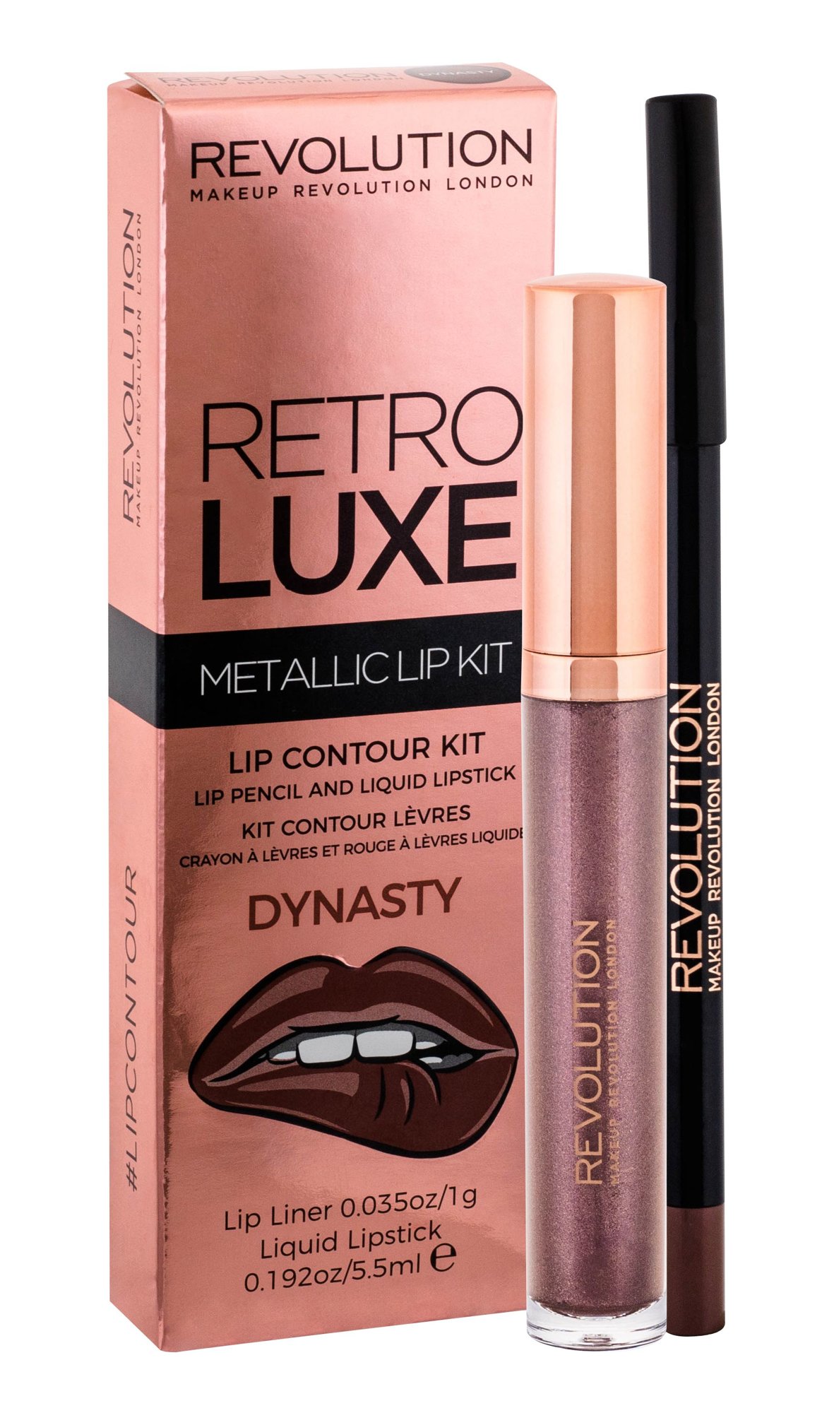 Makeup Revolution London Retro Luxe Metallic Lip Kit 5,5ml Liquid Lipstick 5,5 ml + Lip Contour Pencil 1 g lūpdažis Rinkinys