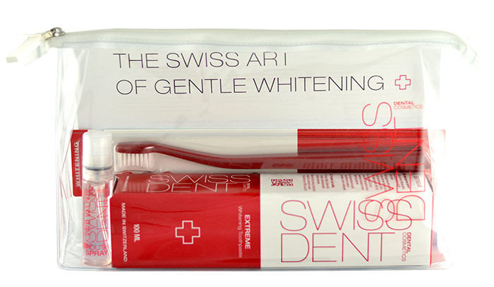 Swissdent Extreme Whitening 109ml 100ml Extreme Whitening Toothpaste + 9ml Extreme Mouth Spray + Soft Toothbrush + Cosmetic Bag dantų pasta Rinkinys