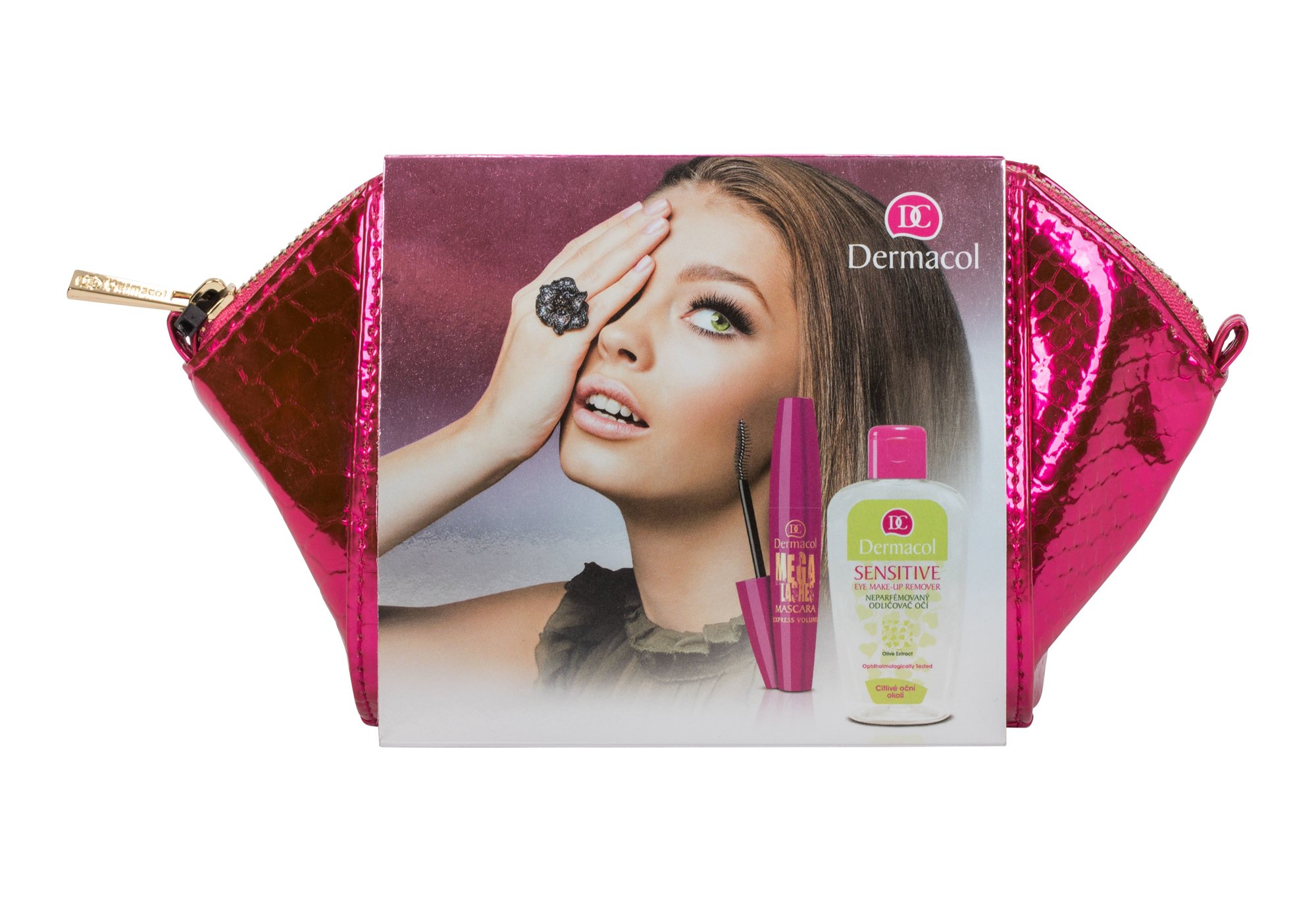 Dermacol Sensitive 150ml Eye Make-up Remover 150 ml + Mascara Mega Lashes 12,5 ml + Cosmetic bag akių makiažo valiklis Rinkinys