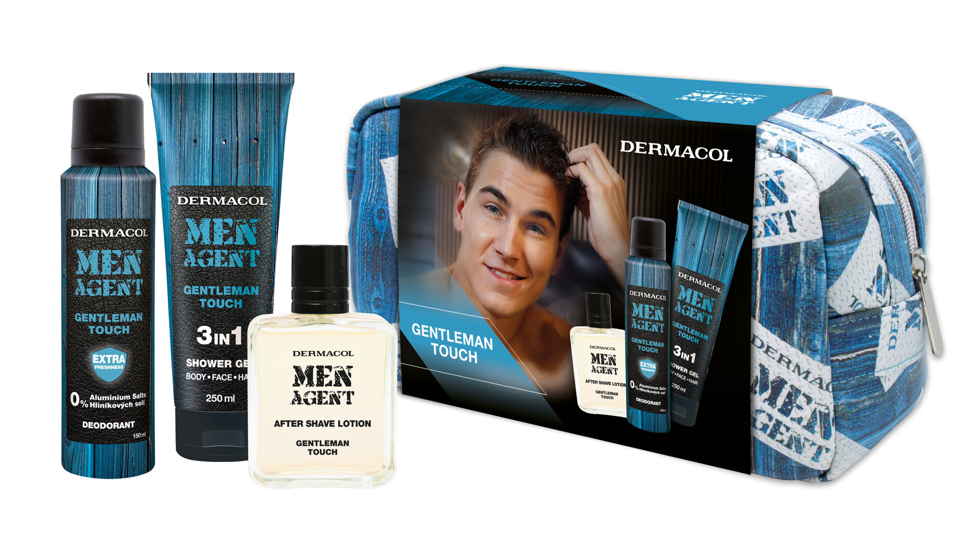 Dermacol Men Agent Gentleman Touch 250ml Shower Gel 250 ml + Deodorant 150 ml + Aftershave Lotion 100 ml + Cosmetic Bag dušo želė Rinkinys
