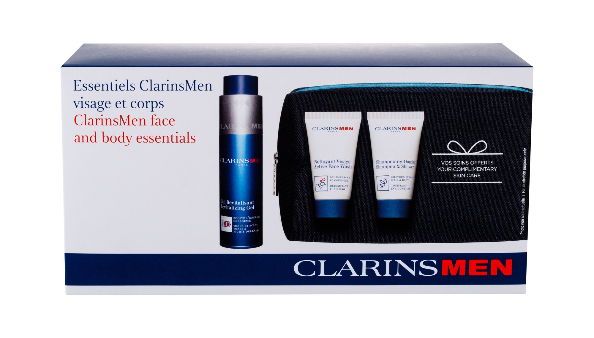Clarins Men Revitalizing Gel 50ml Hydrating Gel 50 ml + Active Face Wash 30 ml + Shampoo & Shower 30 ml + Cosmetic Bag veido gelis Rinkinys