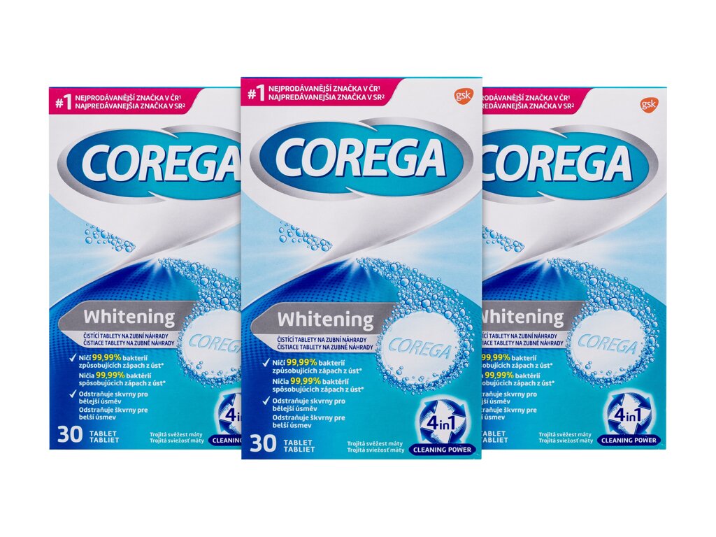 Corega Tabs Whitening Valymo tabletės ir tirpalai 3x30 ml