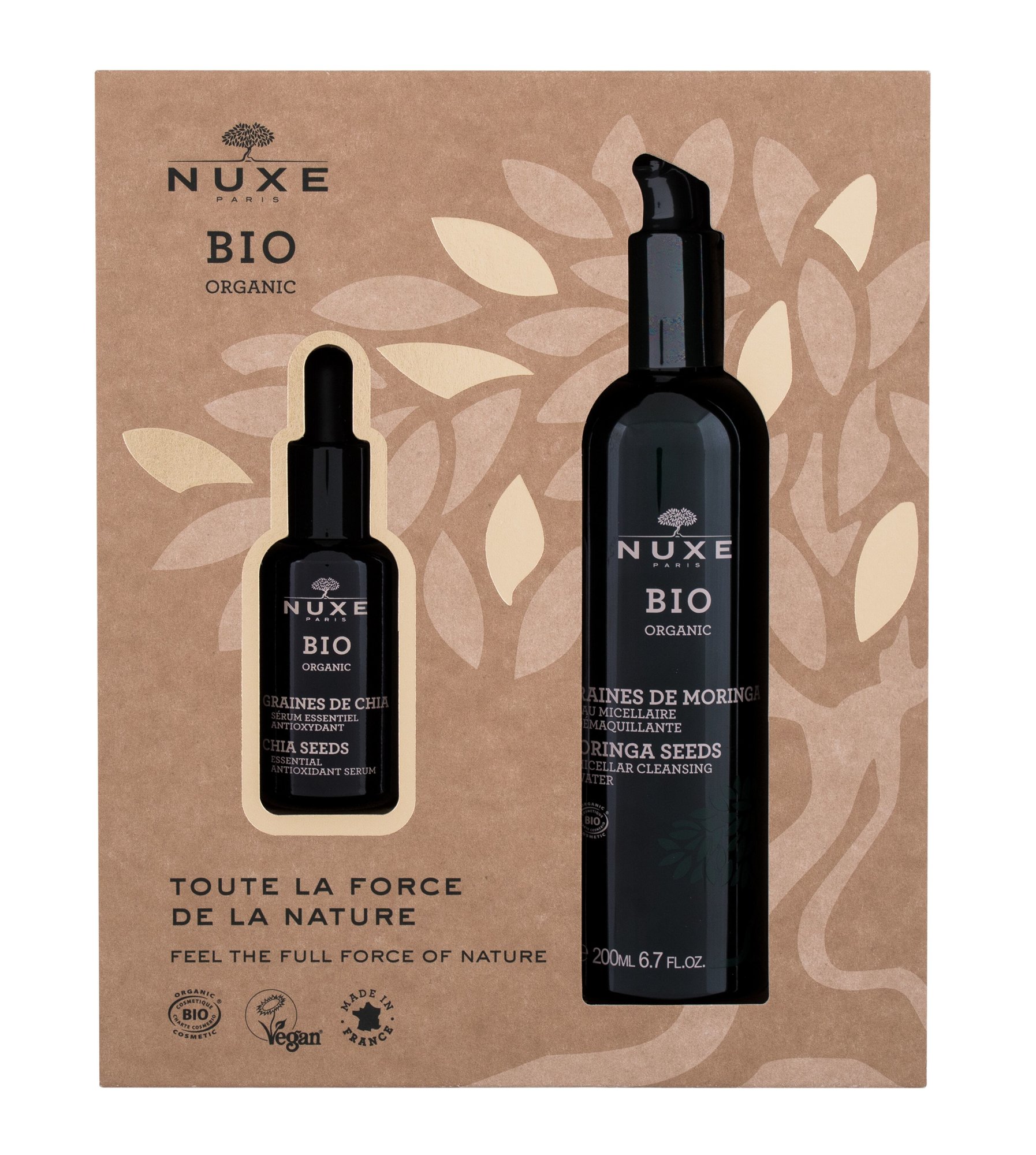 Nuxe Bio Organic 30ml Bio Organic Chia Seeds Essential Antioxidant Serum 30 ml + Bio Organic Moringa Seeds Micellar Cleansing Water 200 ml Veido serumas Rinkinys (Pažeista pakuotė)