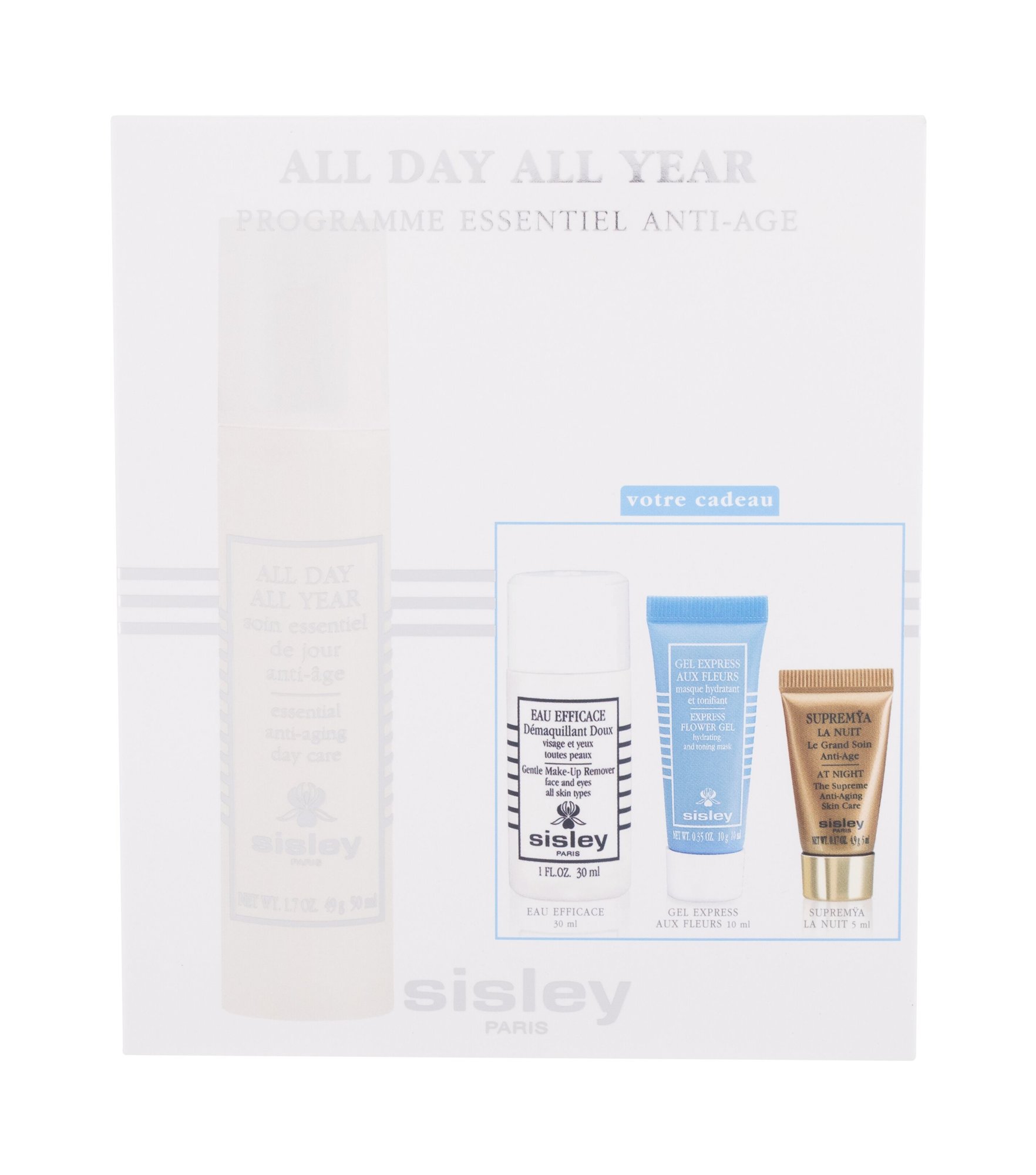 Sisley All Day All Year 50ml NIŠINIAI All Day All Year Essential Anti-Aging Day Care 50 ml + Express Flower Gel Hydrating and Toning Mask 10 ml + Supremya At Night Anti-Aging Skin Care 5 ml + Eau Efficace Gentle Make-Up Remover 30 ml dieninis kremas Rinkinys