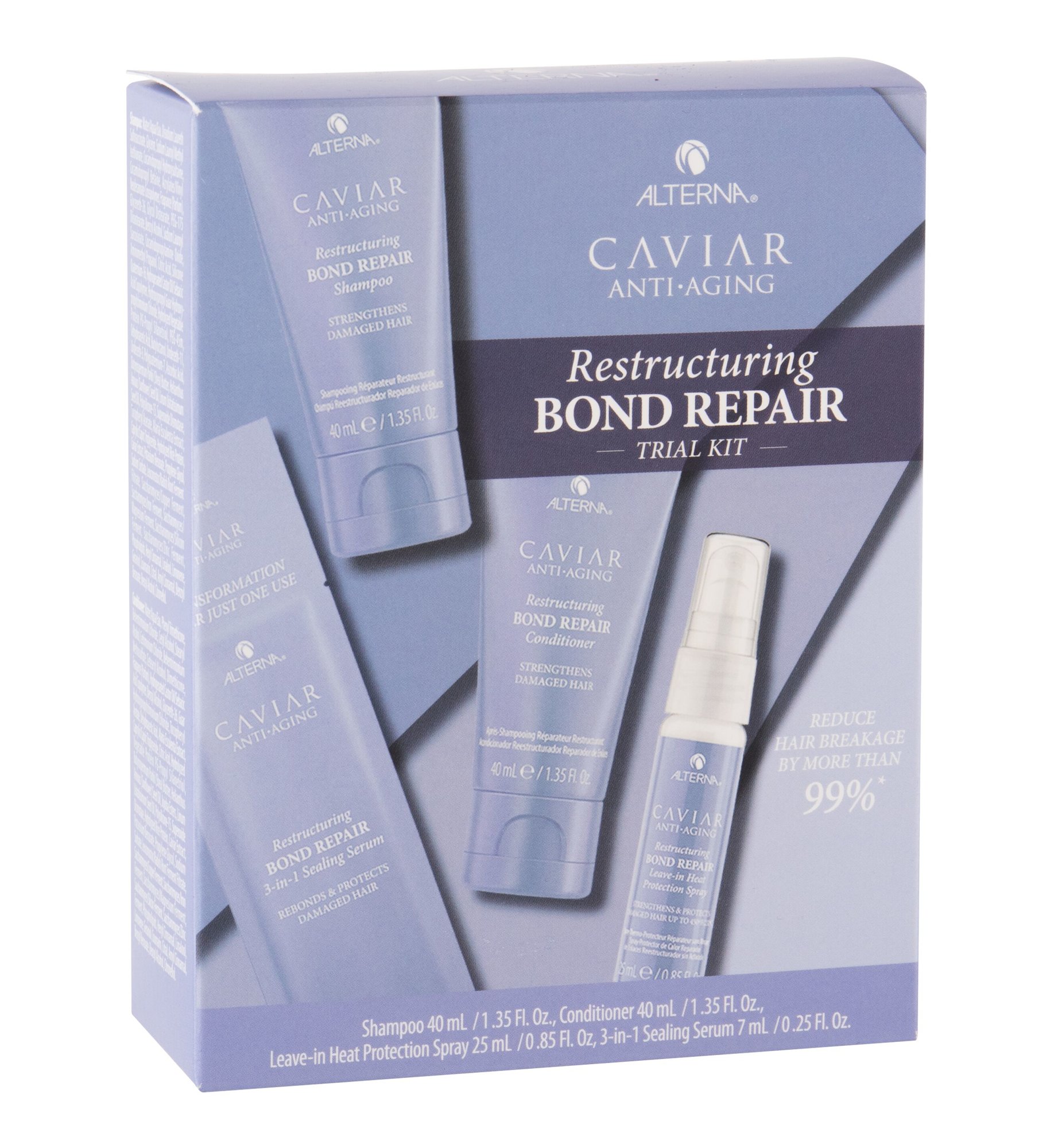 Alterna Caviar Anti-Aging Restructuring Bond Repair 40ml Shampoo 40 ml + Conditioner 40 ml + Hair Spray 25 ml + Hair Care Sealing Serum 7 ml šampūnas Rinkinys (Pažeista pakuotė)