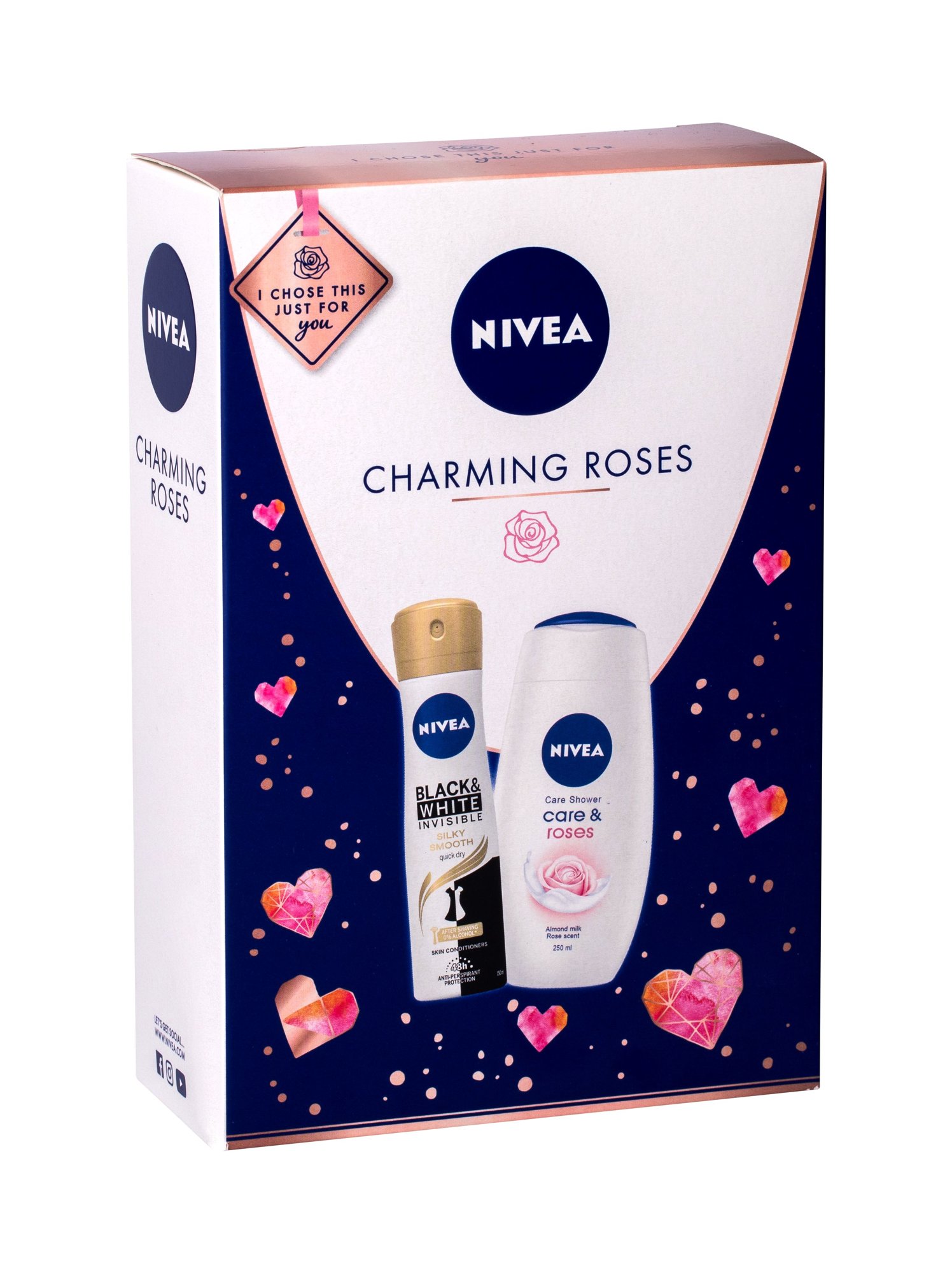 Nivea Care & Roses 250ml Shower Cream 250 ml + Antiperspirant Black & White Invisible Silky Smooth 150 ml dušo kremas Rinkinys (Pažeista pakuotė)