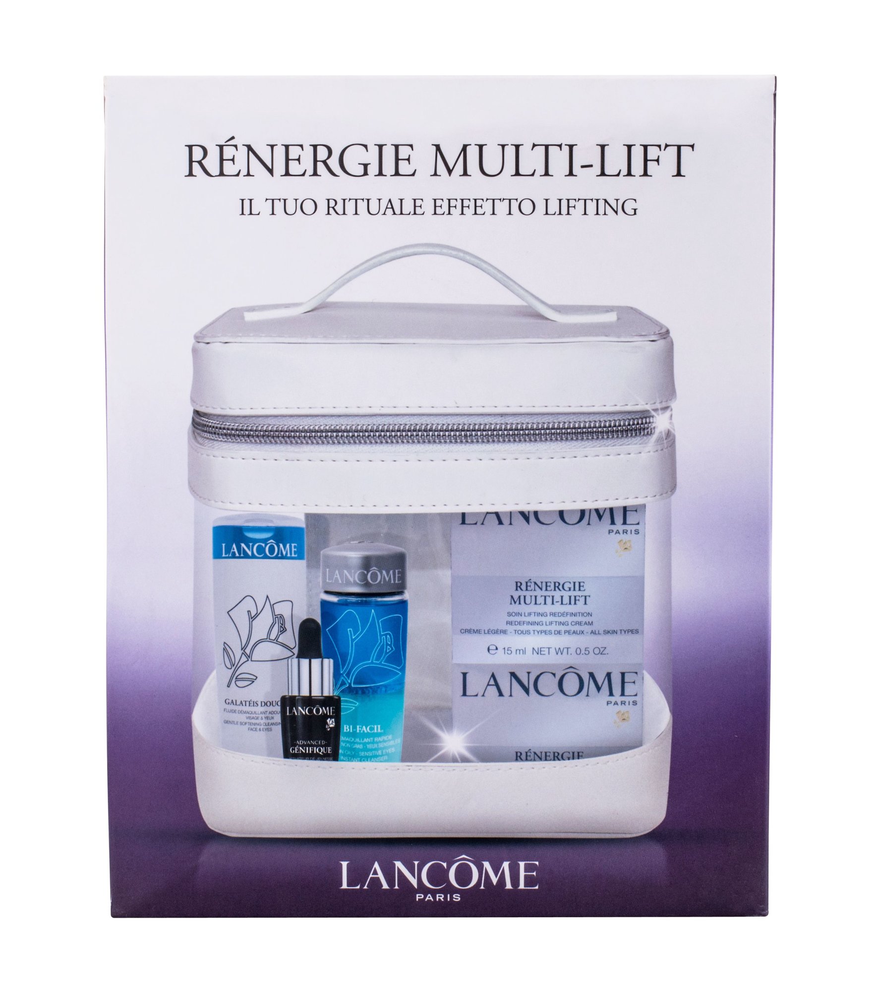 Lancome Rénergie Multi-Lift 15ml Daily Skin Care 2x 15 ml + MakeUp Remover Bi-Facil 30 ml + Skin Serumm Advanced Genifique 7 ml + Facial Milk Galatéis Douceur 50 ml + Bag dieninis kremas Rinkinys (Pažeista pakuotė)