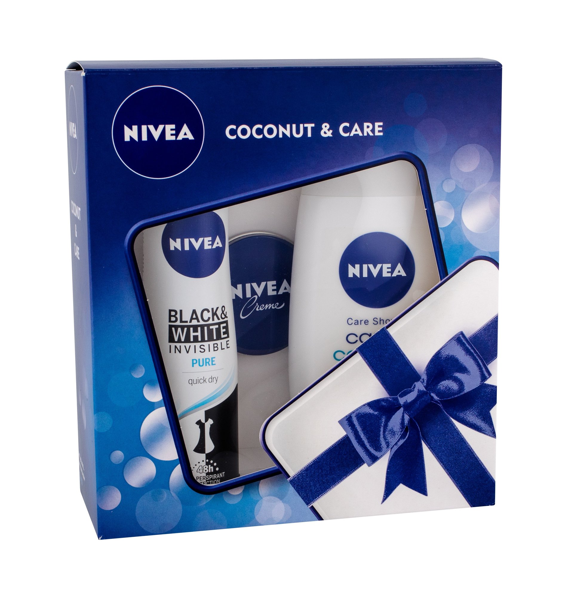 Nivea Care & Coconut 250ml 250ml Creme Coconut Cream Shower + 150ml Anti-Perspirant Invisible For Black & White Pure + 30ml Creme dušo kremas Rinkinys