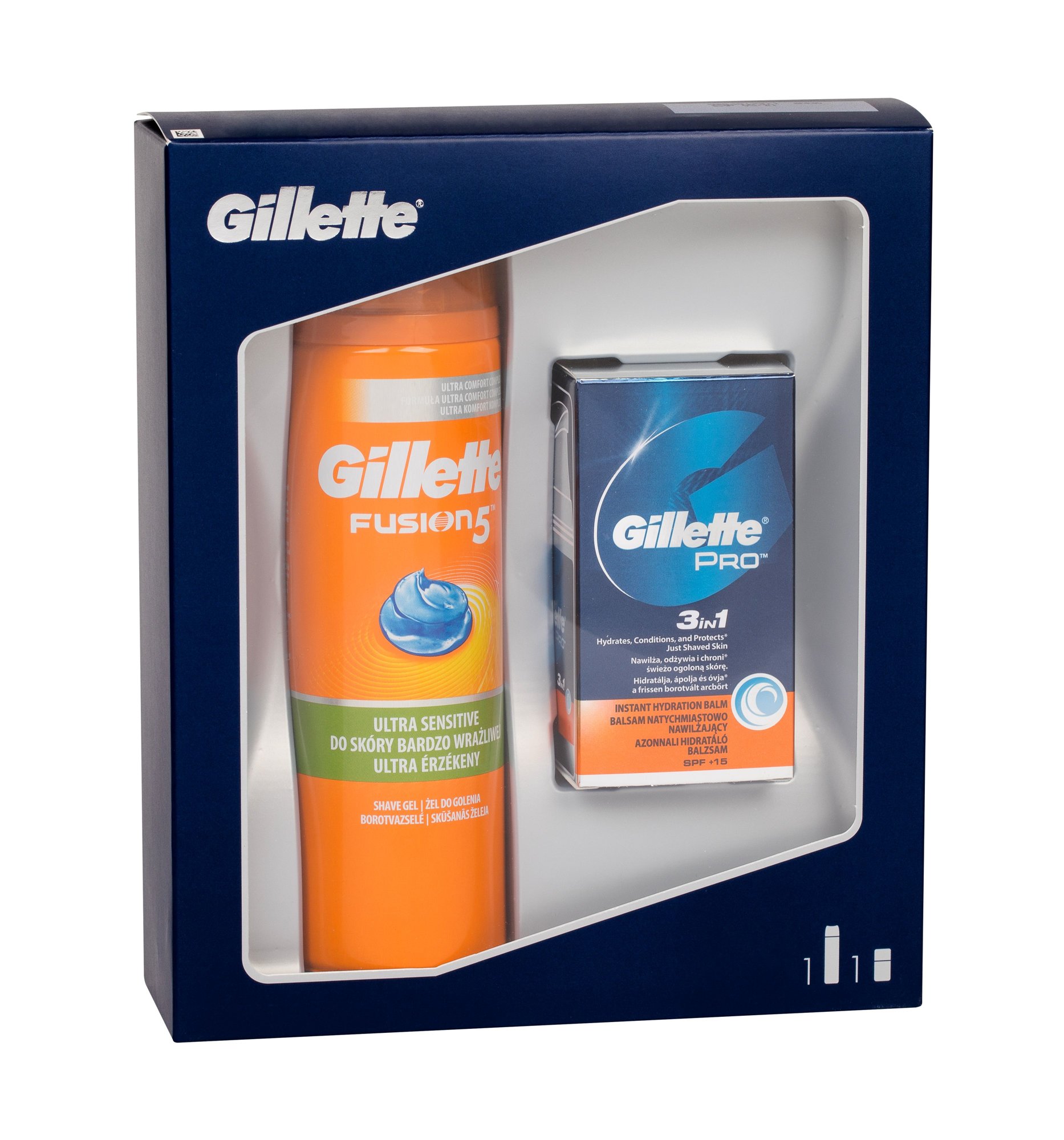 Gillette Fusion 5 Ultra Sensitive + Cooling 200ml Shaving Gel 200 ml + Aftershave Balm Gillette Pro 3in1 SPF15 50 ml skutimosi gelis Rinkinys (Pažeista pakuotė)