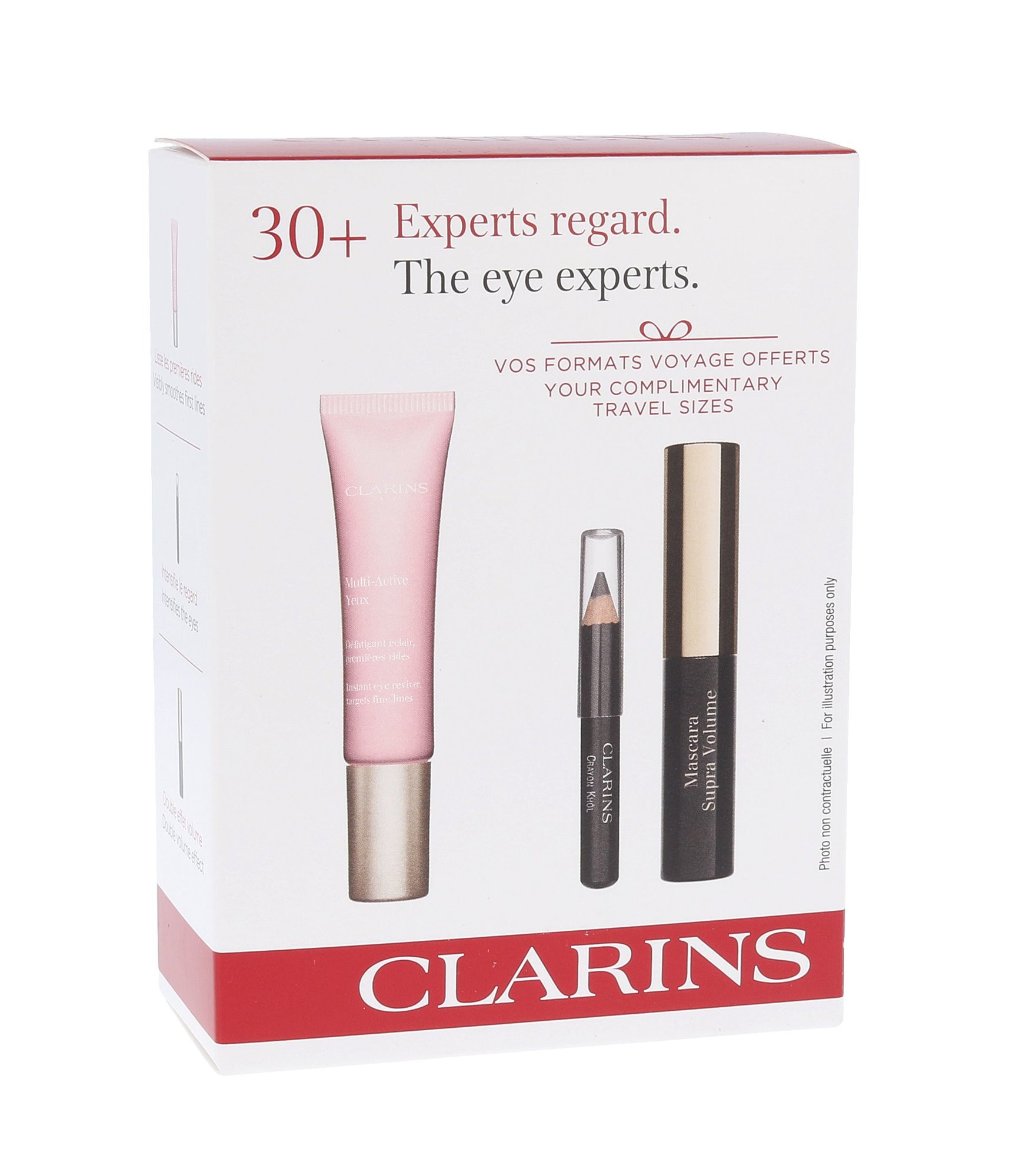 Clarins Multi-Active 15ml Eye care Multi-Active Eye 15 ml + Eye pen Crayon Khol 0,39 g 01 + Mascara Supra Volume 3,5 ml 01 paakių gelis Rinkinys