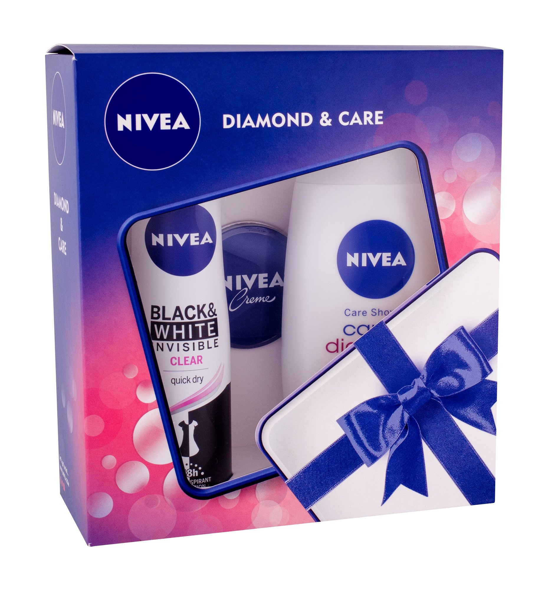 Nivea Care & Diamond 250ml Shower Gel Care & Diamond 250 ml + Antiperspirant Invisible For Black & White Clear 150 ml + Nivea Creme 30 ml dušo kremas Rinkinys (Pažeista pakuotė)