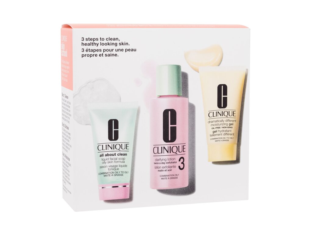 Clinique 3-Step Skin Care 60ml Clarifying Lotion Twice A Day Exfoliator 3 60 ml + All About Clean Liquid Facial Soap Oily Skin Formula 30 ml + Dramatically Different Moisturizing Gel OIL-FREE 30 ml valomasis vanduo veidui Rinkinys