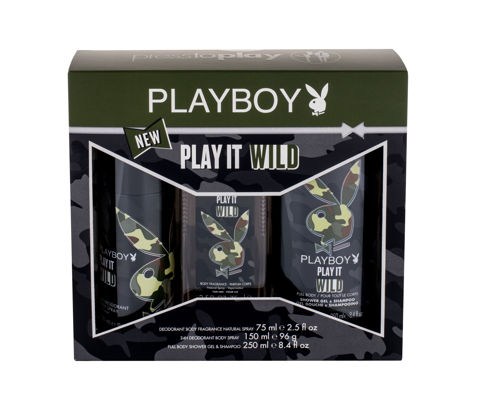 Playboy Play It Wild For Him 150ml Deodorant 150ml + 250ml shower gel + 75ml deodorant dezodorantas Rinkinys