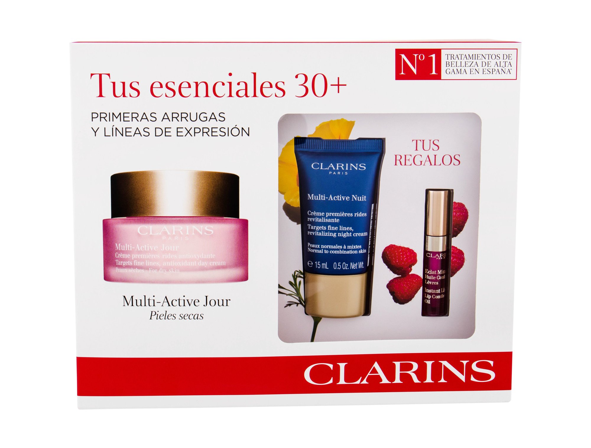 Clarins Multi-Active 50ml Daily Facial Cream 50 ml+ Night Facial Cream Multi-Active Nuit 15 ml + Lip Gloss Comfort Oil 2,8 ml 02 dieninis kremas Rinkinys