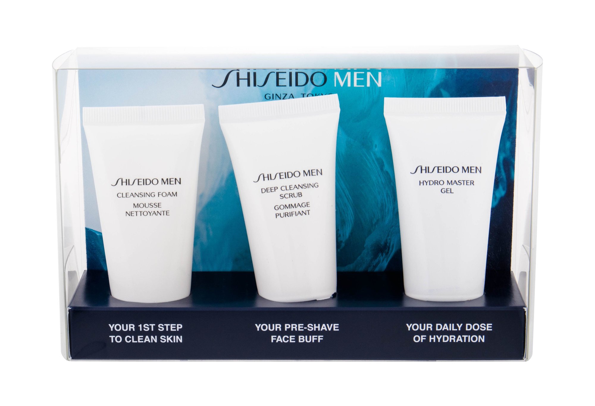 Shiseido MEN 30ml Cleansing Foam 30 ml + Cleansing Peeling 30 ml + Moisturizing Gel 30 ml veido putos Rinkinys