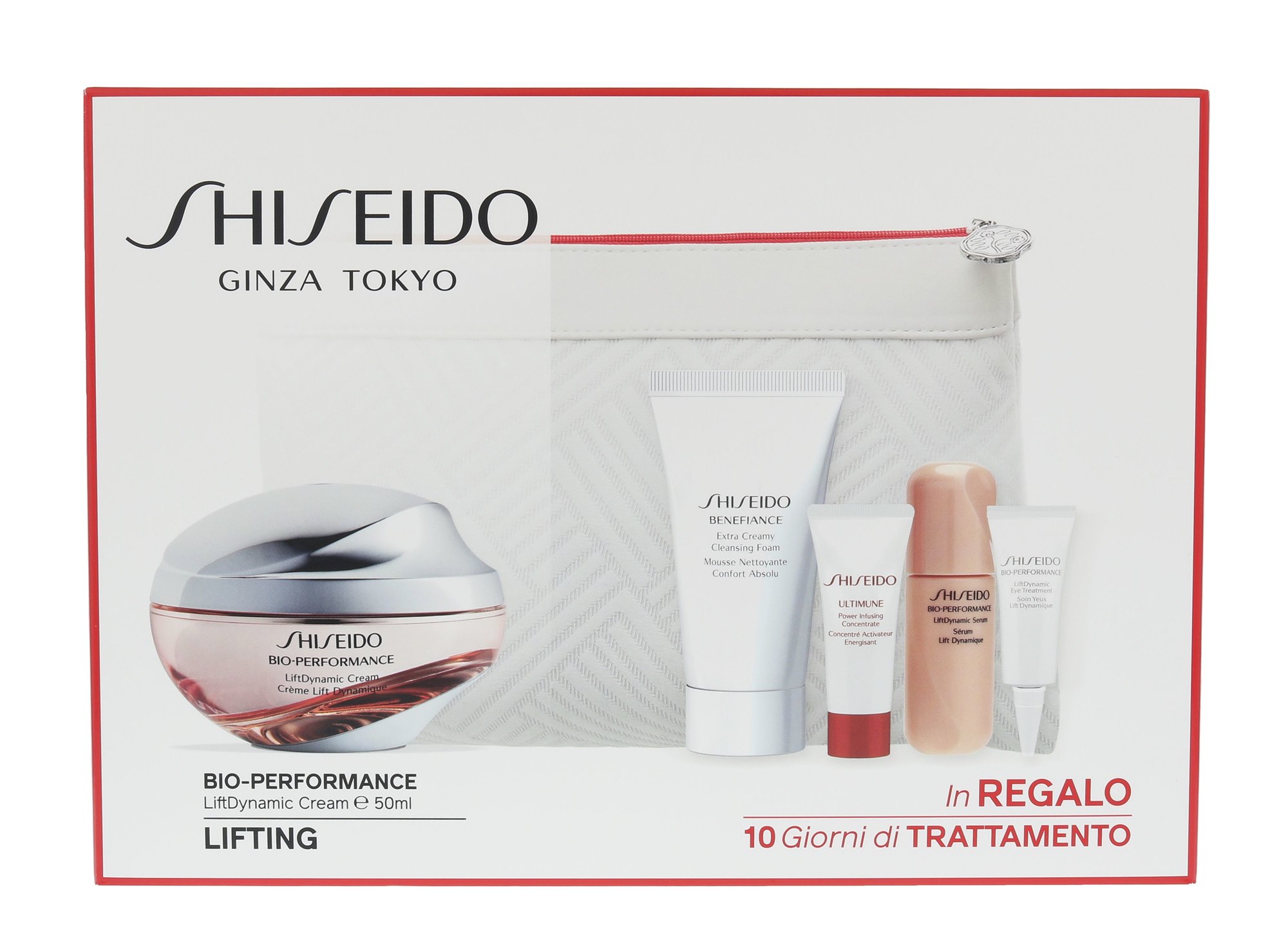 Shiseido Bio-Performance LiftDynamic Cream 50ml Skin Cream 50 ml + Cleansing Foam BENEFIANCE 30 ml + Serum ULTIMUNE 5 ml + Serum LiftDynamic 7 ml + Eye Care LiftDynamic 3 ml + Cosmetic Bag dieninis kremas Rinkinys (Pažeista pakuotė)